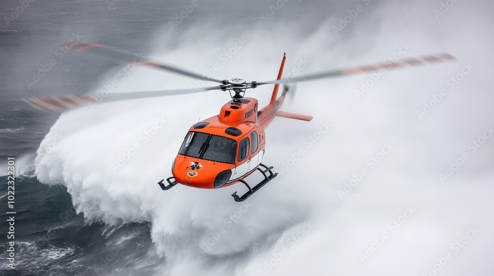 Orange helicopter flying over turbulent ocean waves Orange helicopter flying over turbulent ocean waves