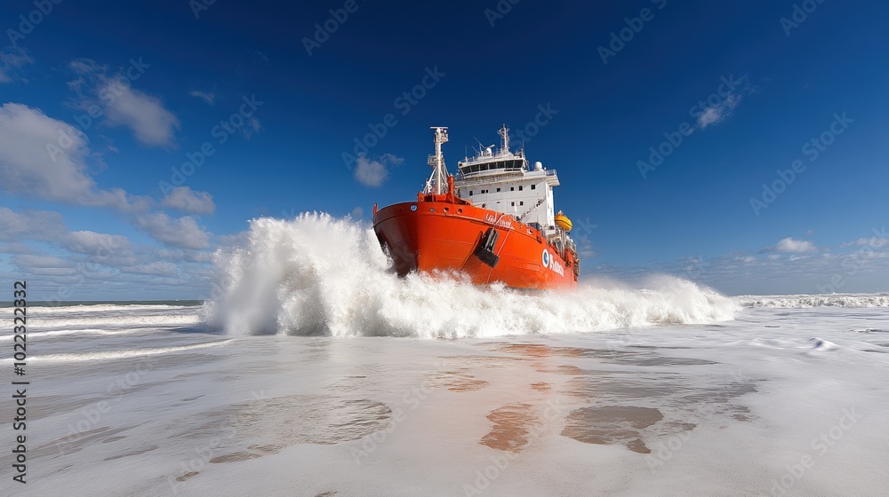 Orange ship navigating through waves under bright blue sky Orange ship navigating through waves under bright blue sky