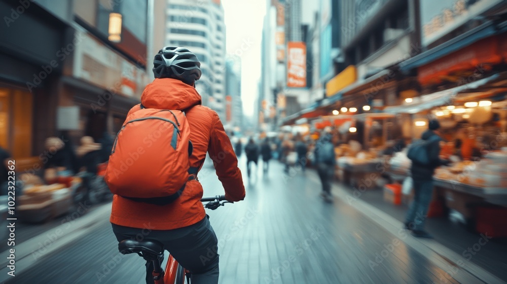 Person cycling through a busy urban street, vibrant city atmosphere. Person cycling through a busy urban street, vibrant city atmosphere.