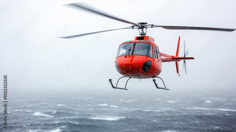 Red helicopter flying over stormy ocean with gray skies. Red helicopter flying over stormy ocean with gray skies.