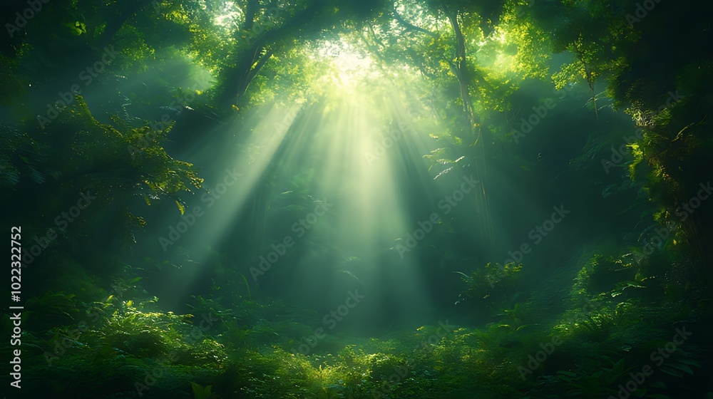 Sunbeams pierce through the dense canopy of a lush green forest, casting a mystical glow on the forest floor. Sunbeams pierce through the dense canopy of a lush green forest, casting a mystical glow on the forest floor.