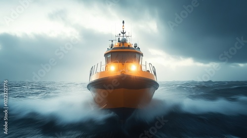 Rescue boat navigating through stormy sea, dramatic lighting and powerful waves. photo