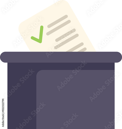 Ballot box is receiving a ballot paper with a check mark, representing the concept of voting and elections