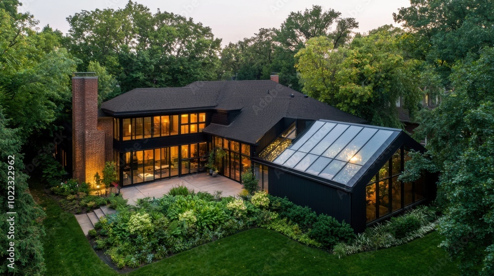 L-shaped house seen from above, featuring dark brick and board and batten materials, with a glass greenhouse filled with lush greenery at one corner L-shaped house seen from above, featuring dark brick and board and batten materials, with a glass greenhouse filled with lush greenery at one corner