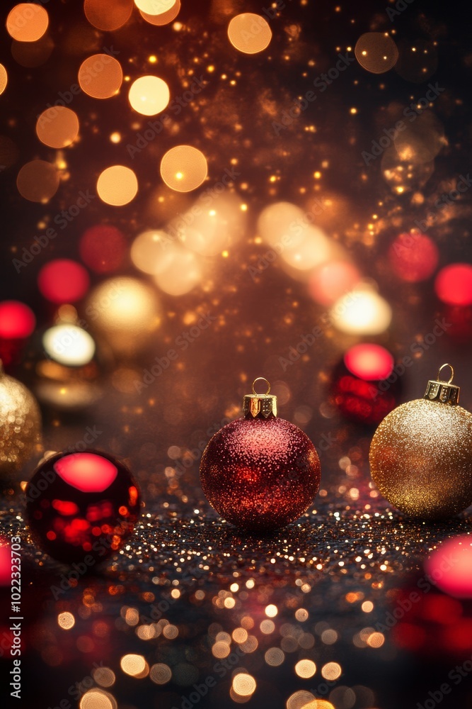A festive Christmas banner featuring golden and red ornaments with a backdrop of blurred fairy lights creating a warm holiday ambiance A festive Christmas banner featuring golden and red ornaments with a backdrop of blurred fairy lights creating a warm holiday ambiance