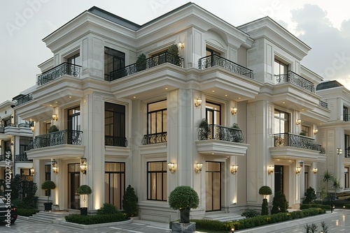 Luxury white mansion with black windows and wrought iron balconies.