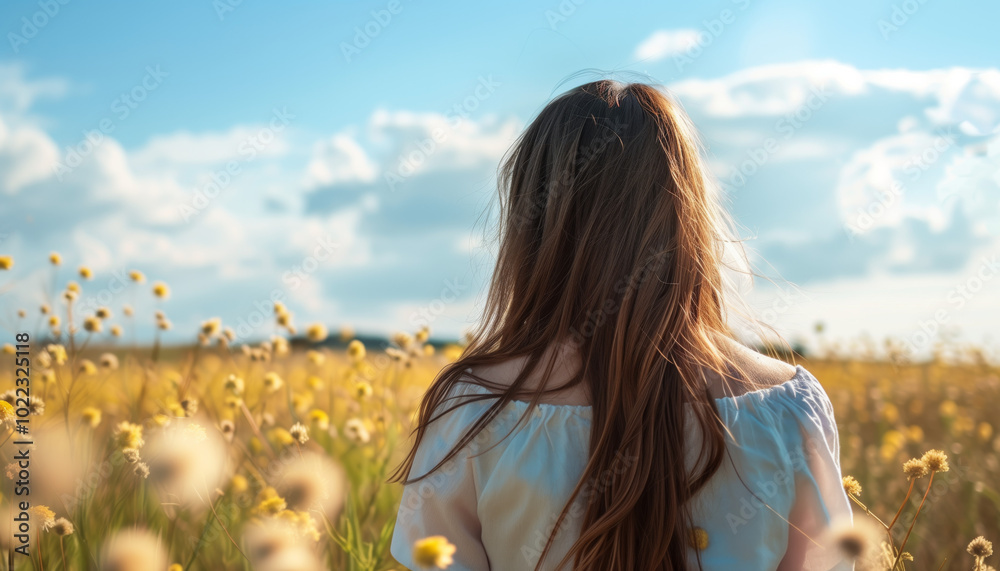 Serene Moment of a Woman in a Sunny Flowery Meadow Photograph ? Nature, Relaxation, and Peace Concept Serene Moment of a Woman in a Sunny Flowery Meadow Photograph ? Nature, Relaxation, and Peace Concept