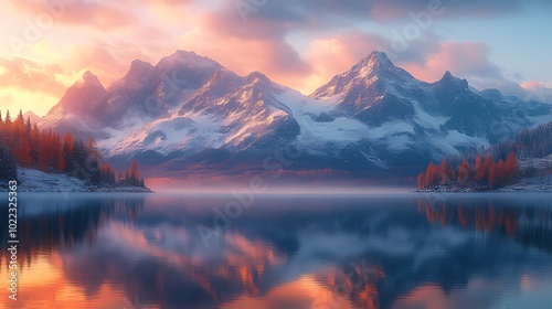 Majestic snow-capped mountains reflecting in a still lake at sunrise with colorful clouds.