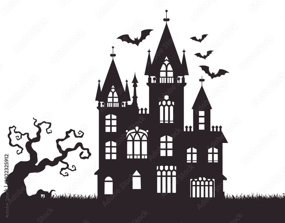 Fototapeta premium Mansion Silhouette with Bats and Trees Vector EPS Template