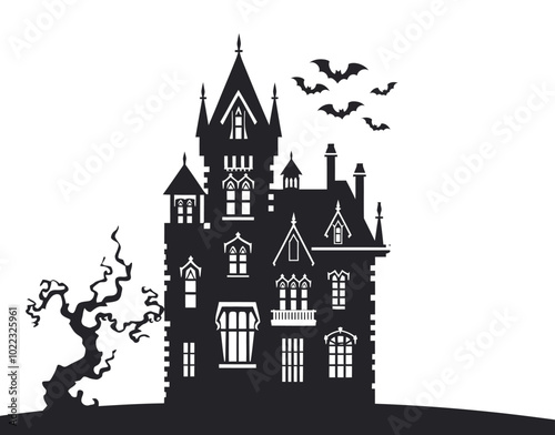 Twilight at the Gothic Manor Atmospheric Silhouette Vector EPS Template photo