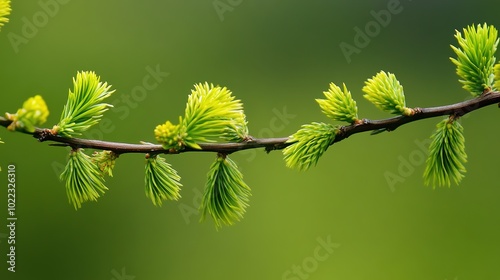 This image captures the stunning beauty of a larch tree, showcasing its distinctive needle-like leaves and unique conical shape. The larch, known for its golden-yellow foliage in autumn, 