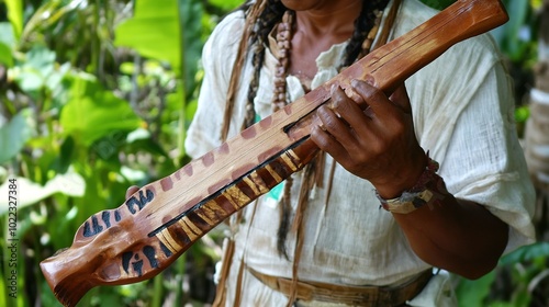 This image features a Macuahuitl, an ancient Aztec weapon known for its unique design and functionality. The Macuahuitl resembles a large wooden club with sharp obsidian blades embedded along its edge photo