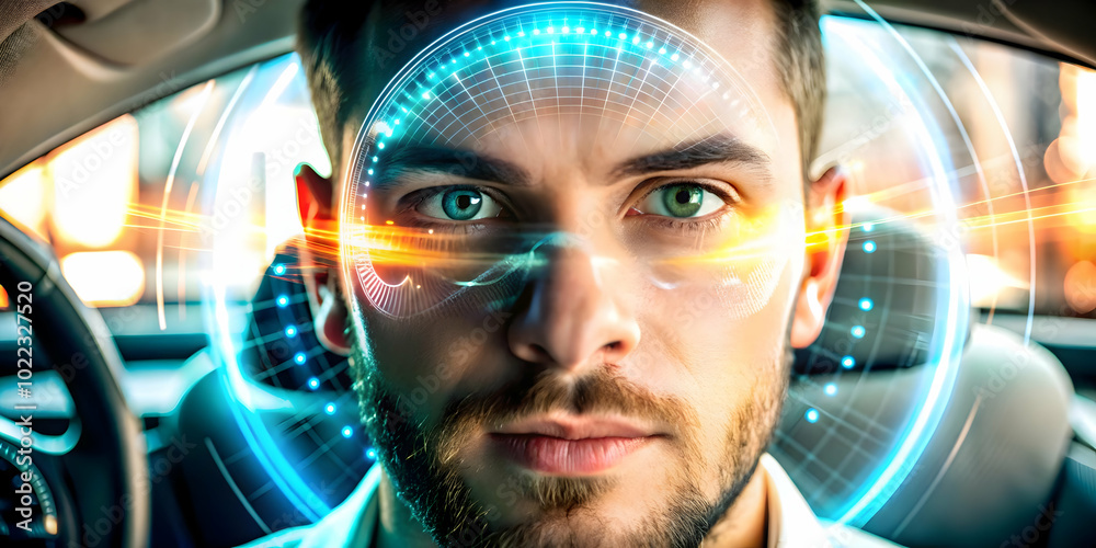 Close Up of Driver's Enthusiastic Expression with Futuristic HUD Displaying Speed | Macro Image of Excitement and Technology in Modern Driving Concept Close Up of Driver's Enthusiastic Expression with Futuristic HUD Displaying Speed | Macro Image of Excitement and Technology in Modern Driving Concept