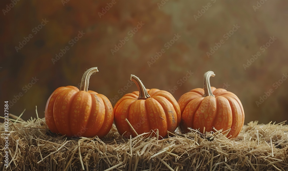 Colorful pumpkins on a hay bale in the garden.