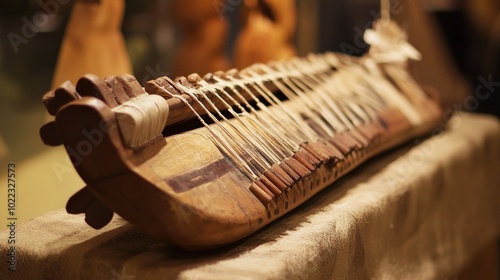 This image features a Macuahuitl, an ancient Aztec weapon known for its unique design and functionality. The Macuahuitl resembles a large wooden club with sharp obsidian blades embedded along its edge photo