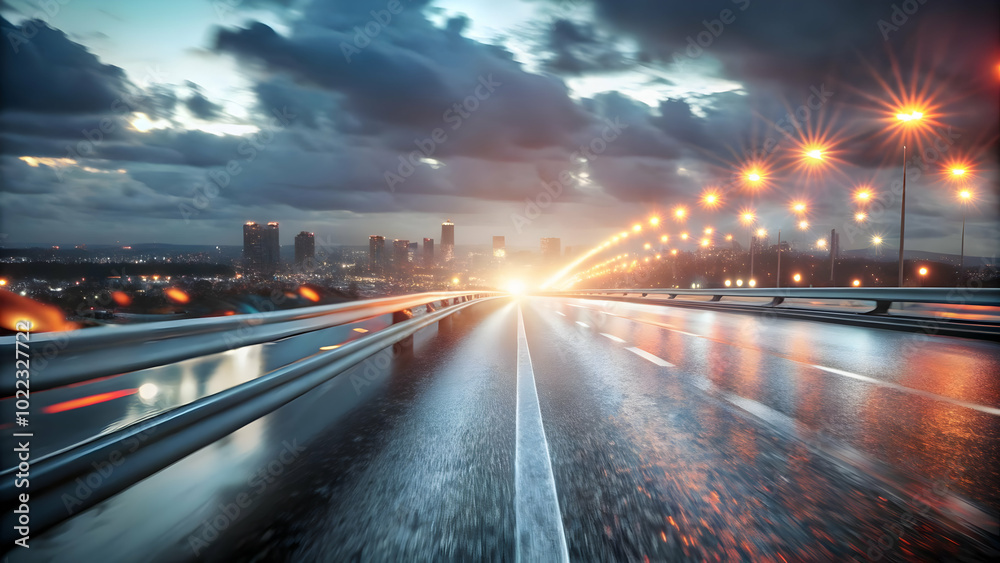 Wide Angle View of Glossy Road with Distant Car Lights Under Vast Sky - Perfect for Travel and Adventure Concepts in Photo Stock Wide Angle View of Glossy Road with Distant Car Lights Under Vast Sky - Perfect for Travel and Adventure Concepts in Photo Stock