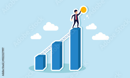 A businessman stands at the peak of a graph holding a Bitcoin, illustrating the struggle in Bitcoin investment