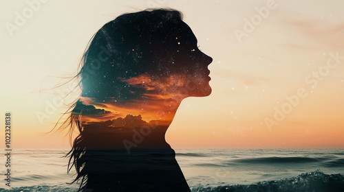 Ethereal Double Exposure of Silhouette at Sunset