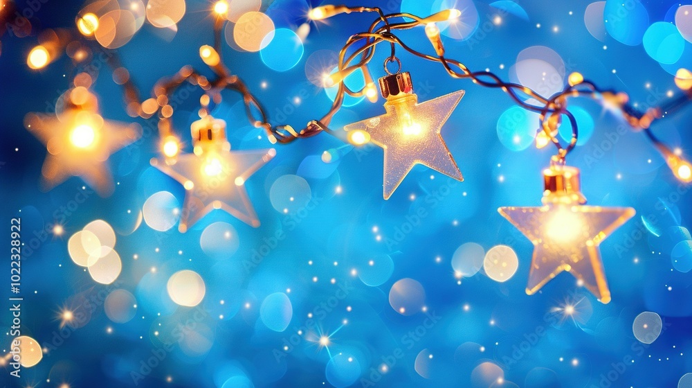 Twinkling Christmas Star String Lights in a Blue Night Setting: Abstract Bokeh Background Delight