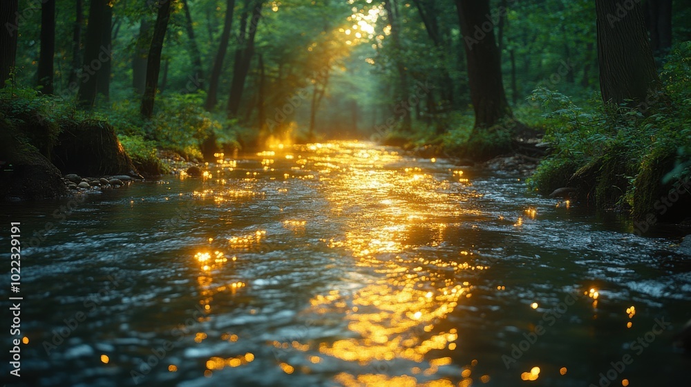 Obraz premium Golden sunlight dances on a winding river weaving through a lush forest, creating a magical and tranquil scene.