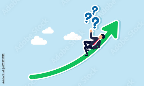 A businessman relaxes on an upward-trending graph while envisioning a question mark, illustrating that as a businessperson's knowledge grows, so do their questions