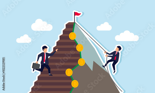 A businessman climbs a mountain with a Bitcoin pattern using a rope, while others use a ladder, different strategies for buy Bitcoin assets, like dollar-cost averaging or lump sum