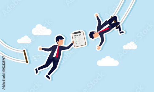 A businessman swings on a swing to hand over a to-do list board to another businessman on a separate swing, illustrating the transfer of work responsibilities to a new employee