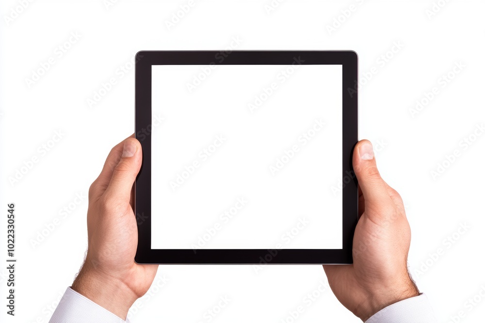 A man holds a blank computer tablet in both hands in a minimalistic setting, ready for digital interaction or creativity A man holds a blank computer tablet in both hands in a minimalistic setting, ready for digital interaction or creativity