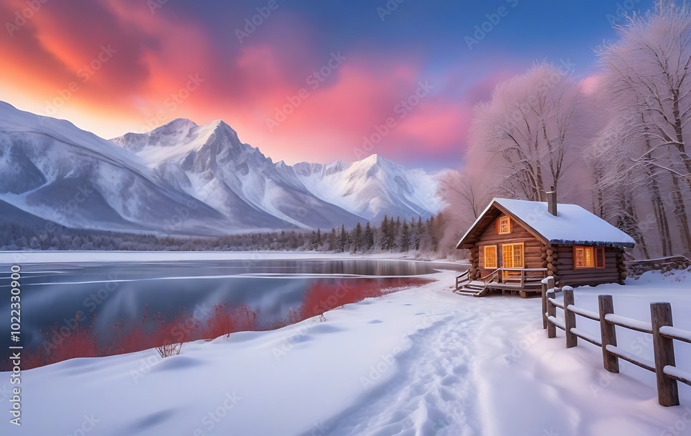 Winter landscape, snow-covered mountains, misty lake reflection, wooden cabin Winter landscape, snow-covered mountains, misty lake reflection, wooden cabin