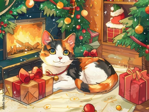 A cat presenting a gift, set in a Christmas scene with festive decorations, styled for a children's book with warm, cozy hues. photo