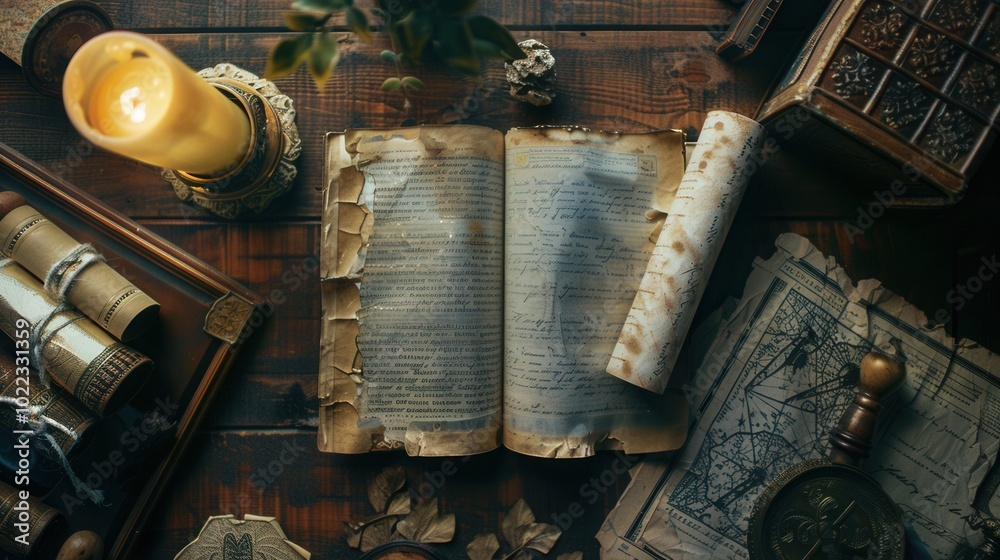 An arrangement of historical books, scrolls, and artifacts showcased on a rustic wooden table, glowing softly with candlelight. Generative AI An arrangement of historical books, scrolls, and artifacts showcased on a rustic wooden table, glowing softly with candlelight. Generative AI