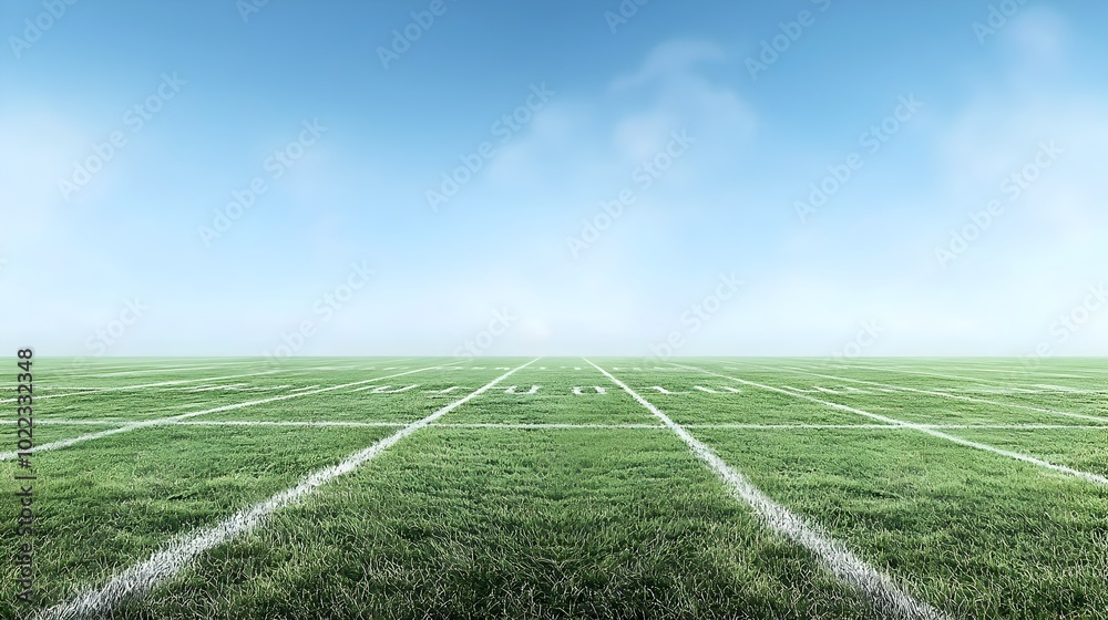 Obraz premium image showcasing a football field design featuring vibrant green grass perfectly painted white lines and detailed goalposts isolated under a clear blue sky