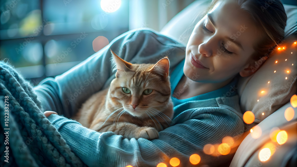 Soft Abstract of a Person and Cat Relaxing Together with Warm Colors: Tranquil Photo Stock Concept for Pet Therapy and Calming Effects Soft Abstract of a Person and Cat Relaxing Together with Warm Colors: Tranquil Photo Stock Concept for Pet Therapy and Calming Effects