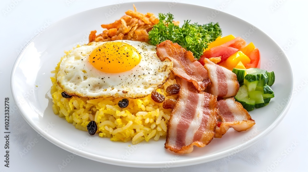 Image of a Scrumptious American Fried Rice Dish with Fried Egg Crispy Bacon Fried Chicken and Vibrant Vegetables on a Clean White Background Image of a Scrumptious American Fried Rice Dish with Fried Egg Crispy Bacon Fried Chicken and Vibrant Vegetables on a Clean White Background