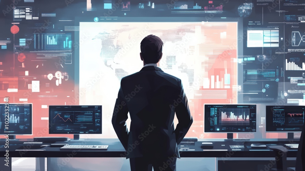 Man in suit looking at computer screens. Man in suit looking at computer screens.