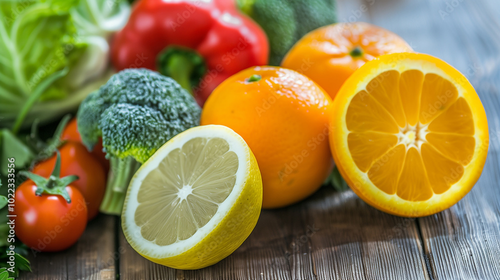 Colorful Close-up of Fresh Vegetables and Fruits on Wooden Table, Symbolizing Healthy Blood Pressure Foods, with Blurred Background and Vibrant Colors.