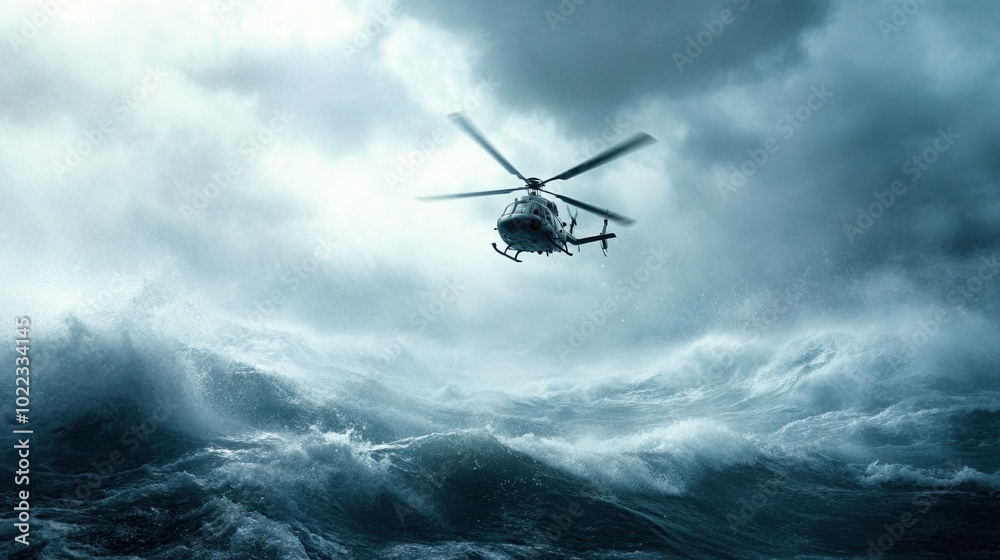 Rescue helicopter flying over turbulent ocean waters during stormy weather. Rescue helicopter flying over turbulent ocean waters during stormy weather.