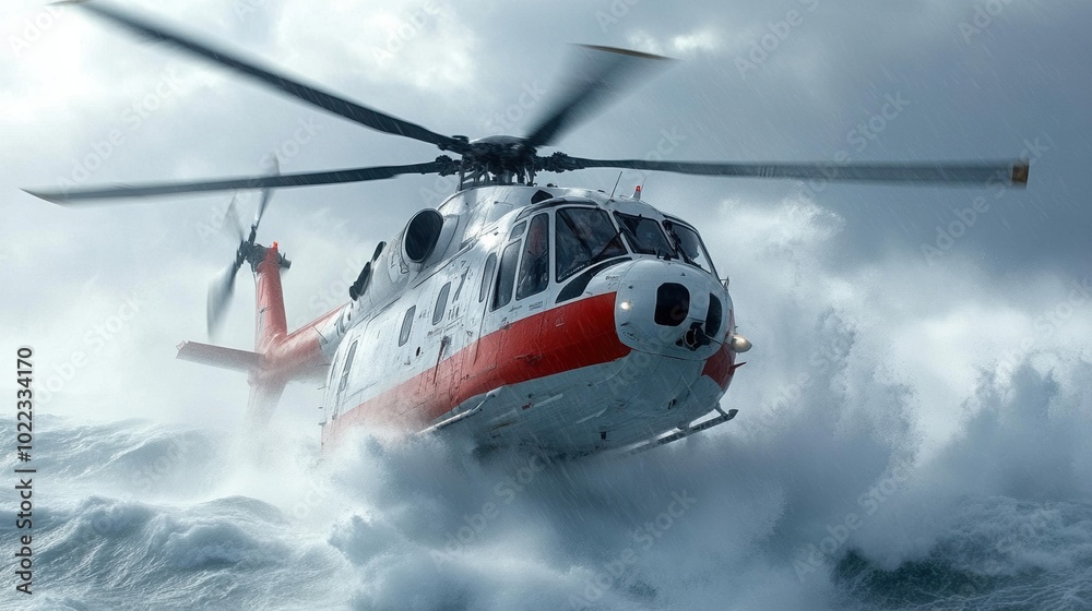 Rescue helicopter flying over turbulent ocean waters Rescue helicopter flying over turbulent ocean waters