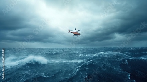 Rescue helicopter flying over turbulent ocean waters during stormy weather.