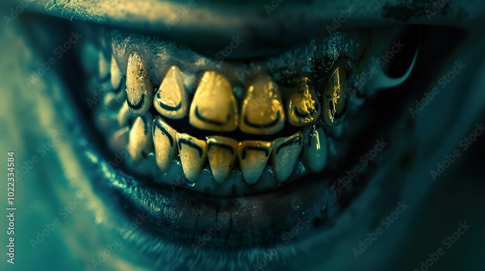 Close-Up of a Fanged Mouth with Gold Teeth