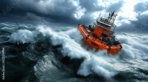 Tugboat navigating through stormy seas with high waves and dark clouds. photo