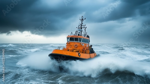 Tugboat navigating turbulent waters during a stormy sea