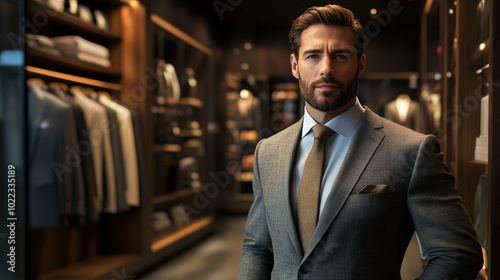 Man in suit, standing in a clothing store.