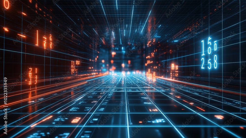 Glowing grid with digital numbers in blue and red. Glowing grid with digital numbers in blue and red.