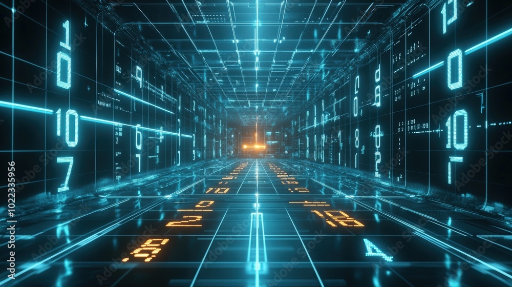 Futuristic digital corridor with glowing numbers. Futuristic digital corridor with glowing numbers.