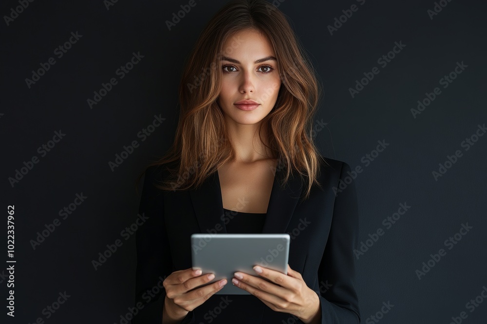 Anonymous business woman interacting with a virtual screen while holding a tablet, showcasing modern technology in a professional setting Anonymous business woman interacting with a virtual screen while holding a tablet, showcasing modern technology in a professional setting