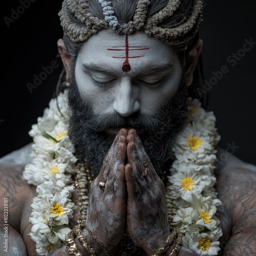 Divine creator: Portrait of Brahma, god of creation in Hinduism, revered in the Trimurti and linked to Vedic Prajapati, honored in Brahma Puja, Kartik Purnima at Pushkar, and through Saraswati Puja. photo