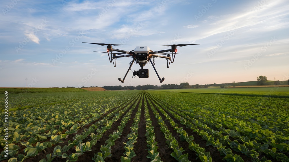 Drone Soaring Over Vast Green Farmland with Rows of Crops Drone Soaring Over Vast Green Farmland with Rows of Crops