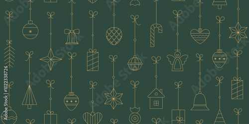 Golden line Merry Christmas, New Year seamless vector pattern. Holiday background with bauble, ball, snowflake, box, gift for wrapping paper, gifr box