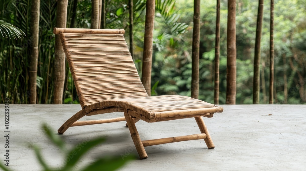 Stylish bamboo lounge chair in a serene outdoor setting surrounded by lush greenery. Stylish bamboo lounge chair in a serene outdoor setting surrounded by lush greenery.